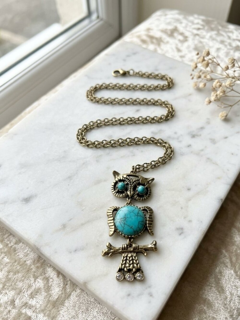 Vintag Movable Owl Pendant Necklace with Faux Turquoise & Rhinestone Accents